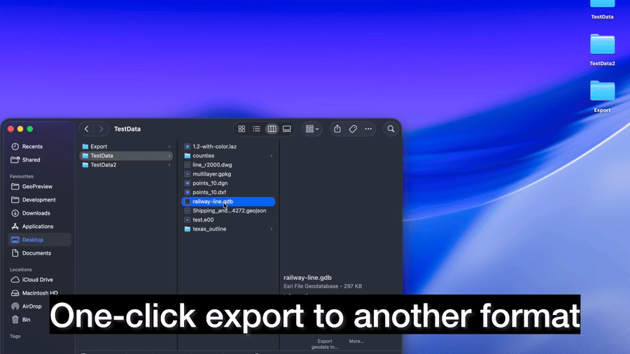 Animated preview of GeoPreview exporting geodata to another format.