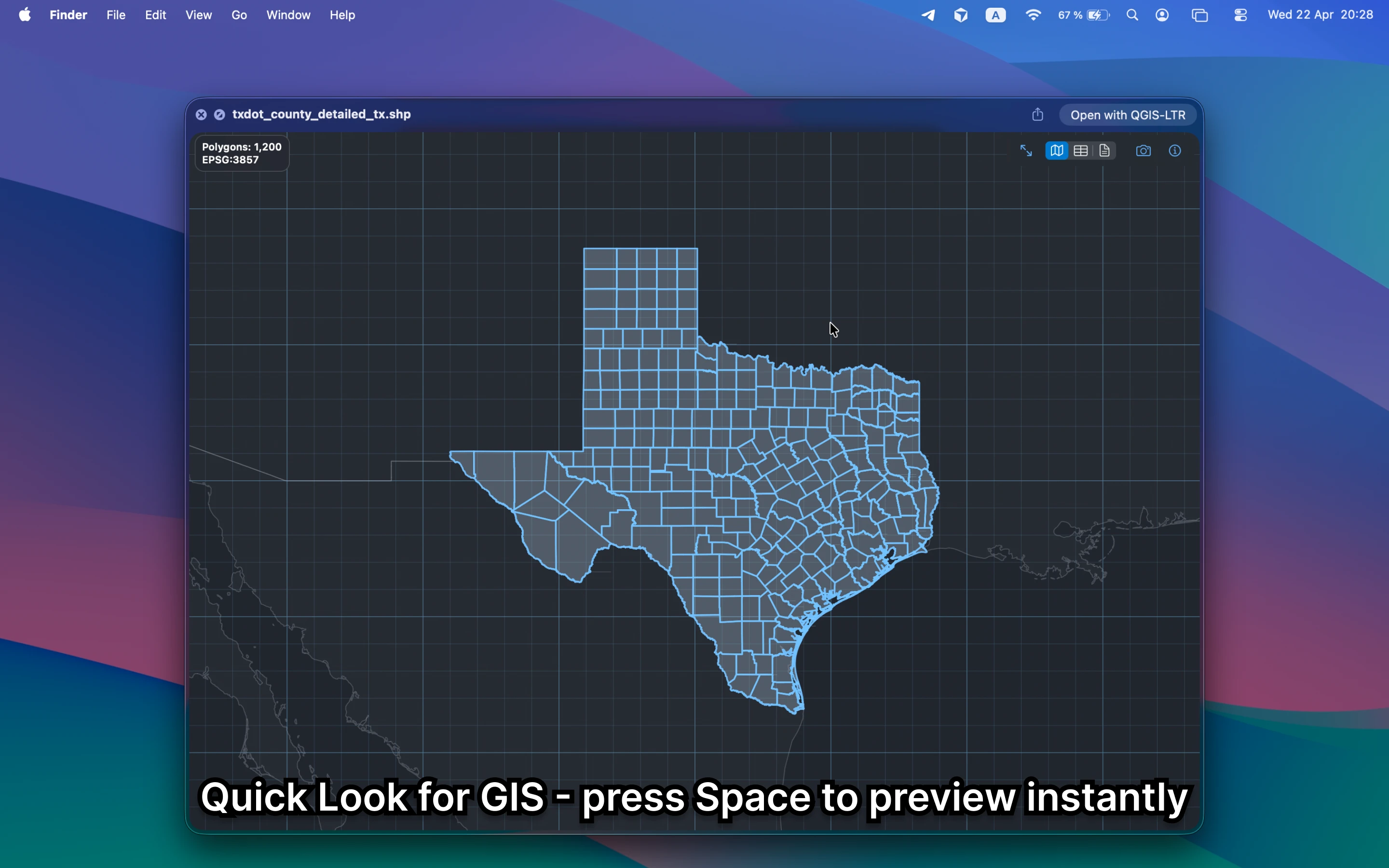 GeoPreview showing a Texas counties dataset in Finder and Quick Look.