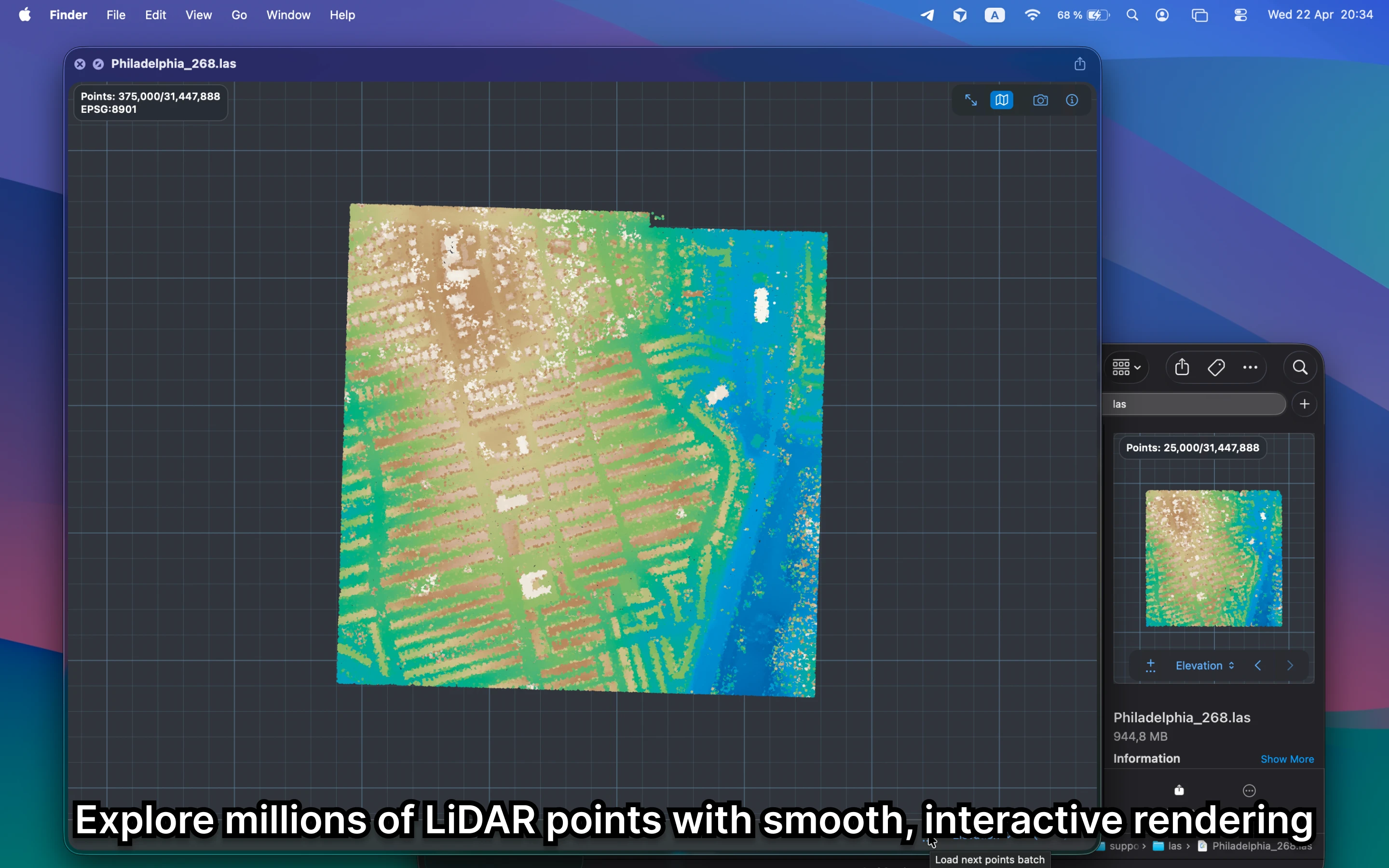 GeoPreview renders a LiDAR point cloud with elevation coloring inside Finder on macOS.
