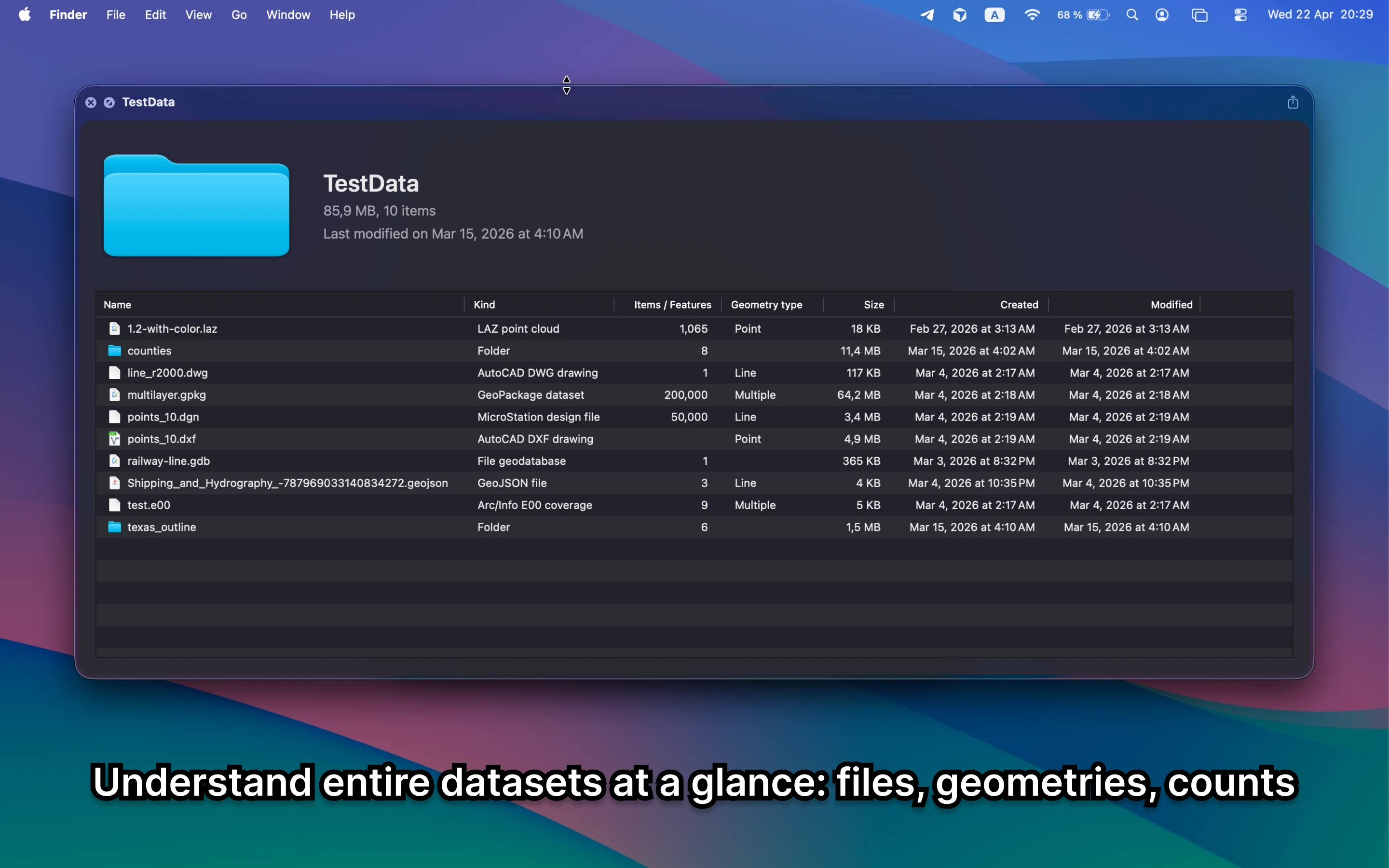 GeoPreview summarizes a dataset folder with file names, geometry types, counts, and sizes on macOS.