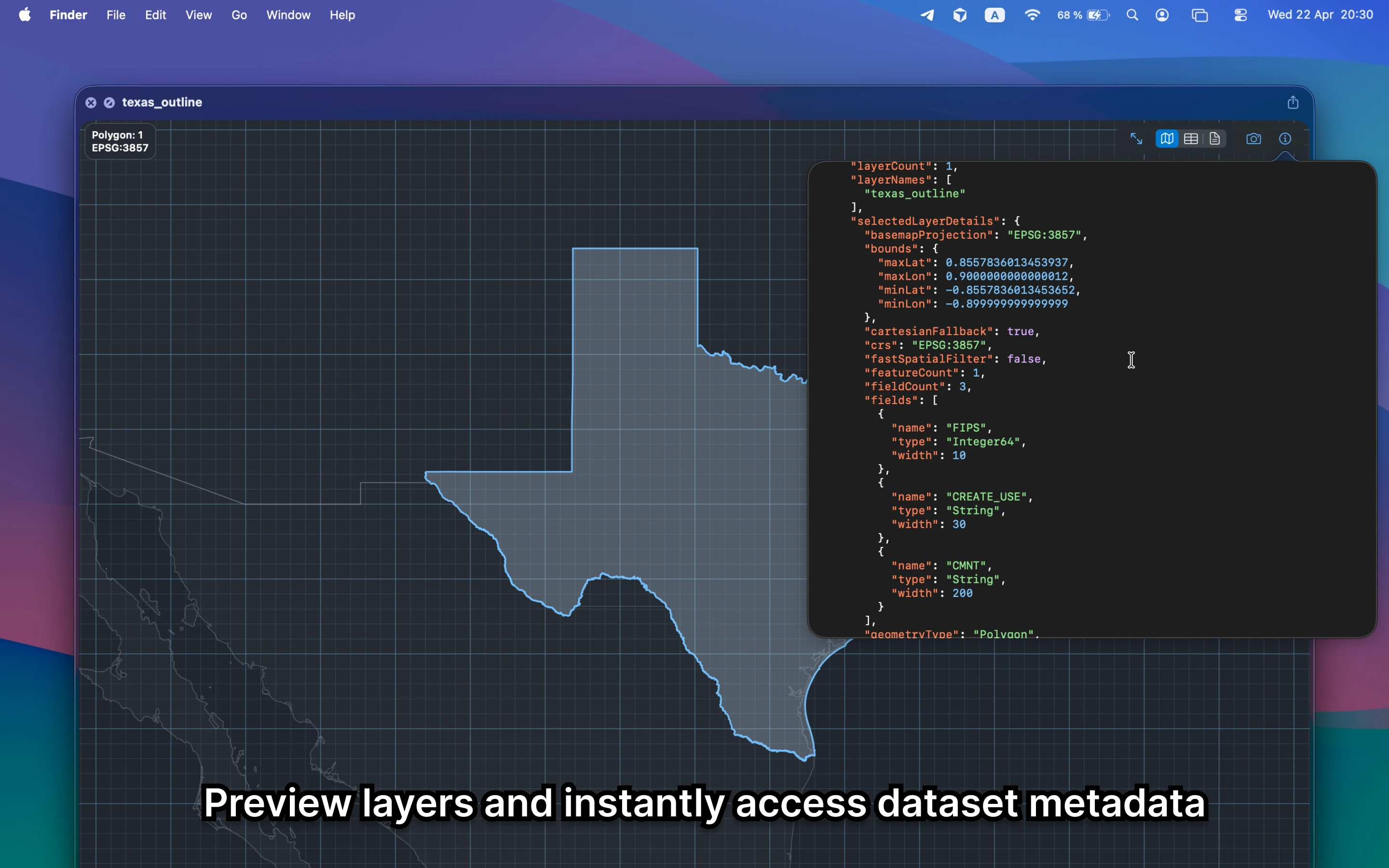 GeoPreview previews a multi-layer geospatial dataset and shows metadata and JSON details beside the map.