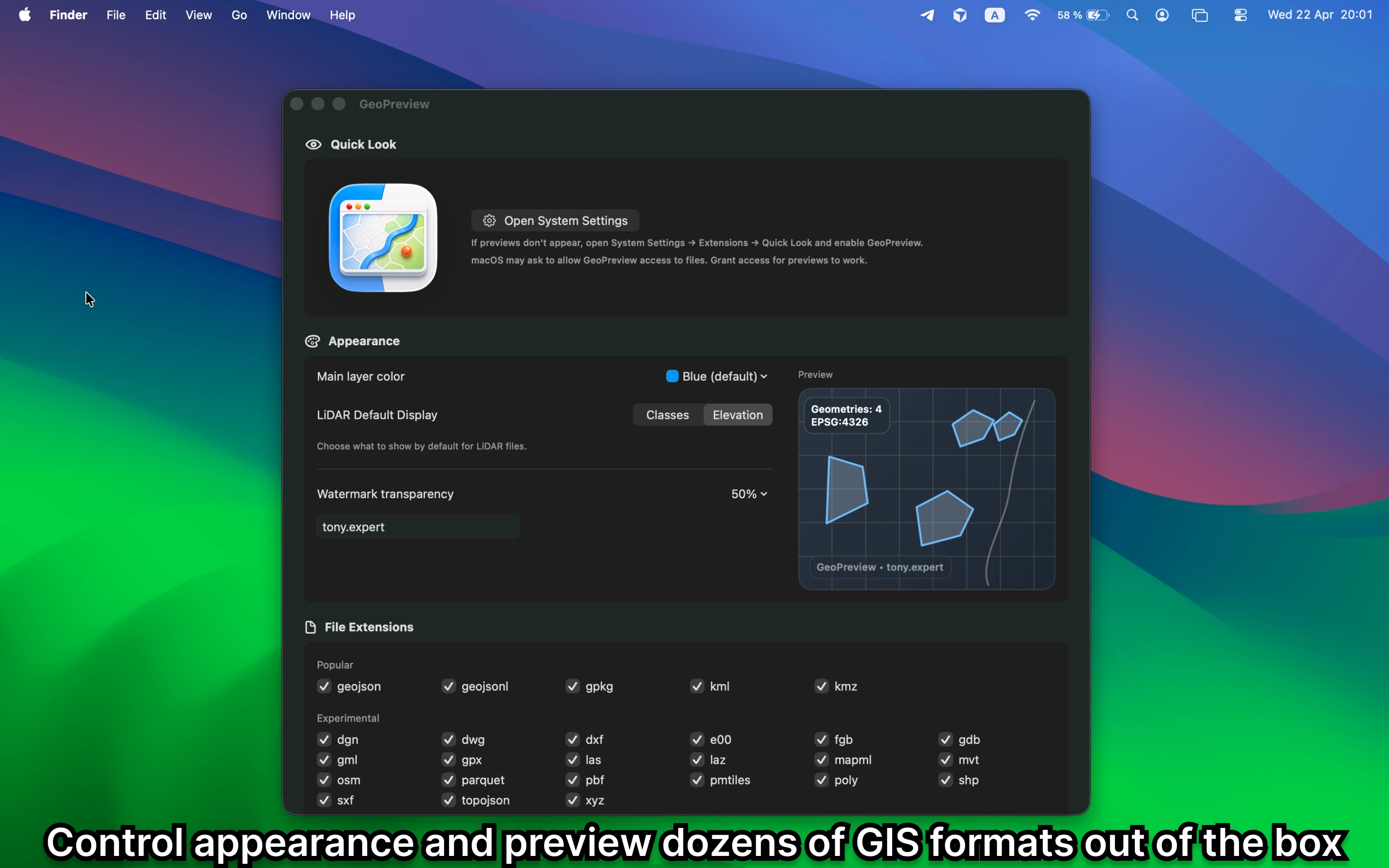 GeoPreview settings show supported GIS, CAD, tile, and LiDAR formats on macOS.